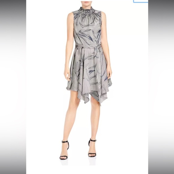 HALSTON HERITAGE Sleeveless Printed Mock-Neck Dress Stone/Steel Blue Sz 10 - Picture 1 of 11